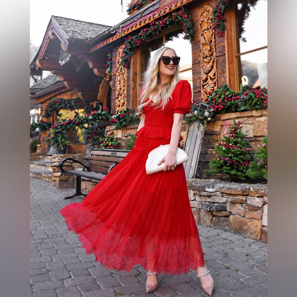 Self-Portrait Red Chiffon Pleated Midi Dress Size 4